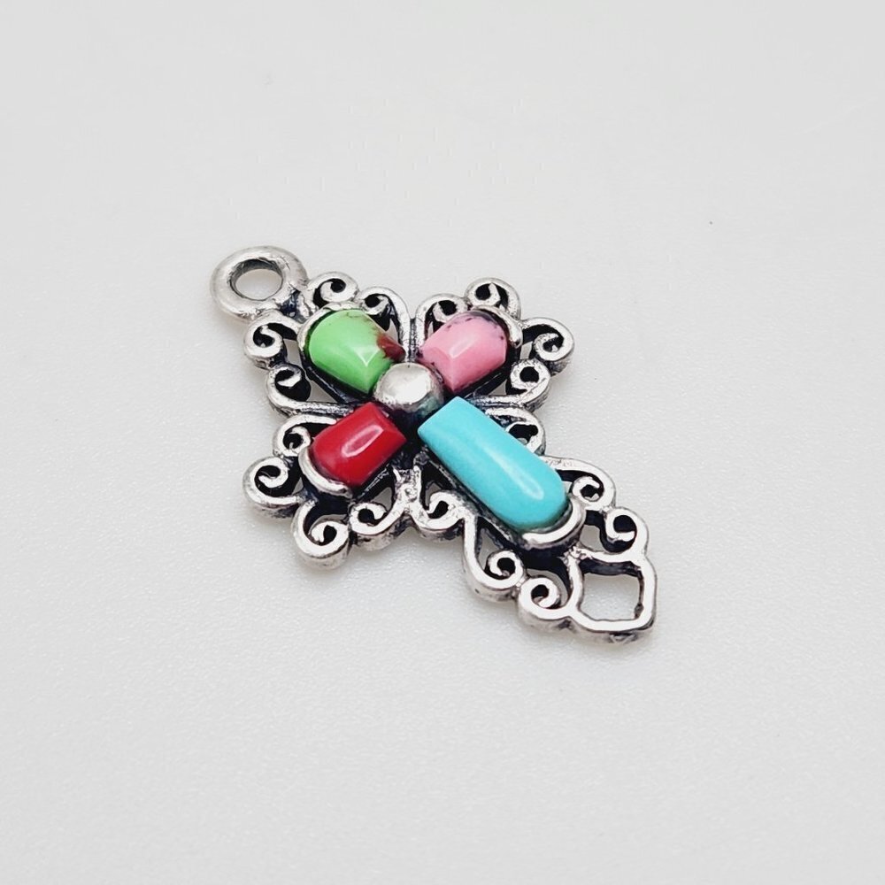 Vintage SX Multicolor Gemstone Inlay Scrollwork Cross Faith Small 925 Silver